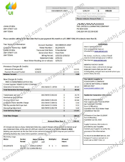 USA Massachusetts Chelsea UI The United Illuminating Company utility bill Word and PDF template
